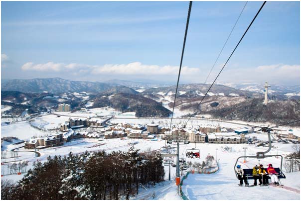 深冬里，被白雪覆蓋的阿爾卑斯度假村全景